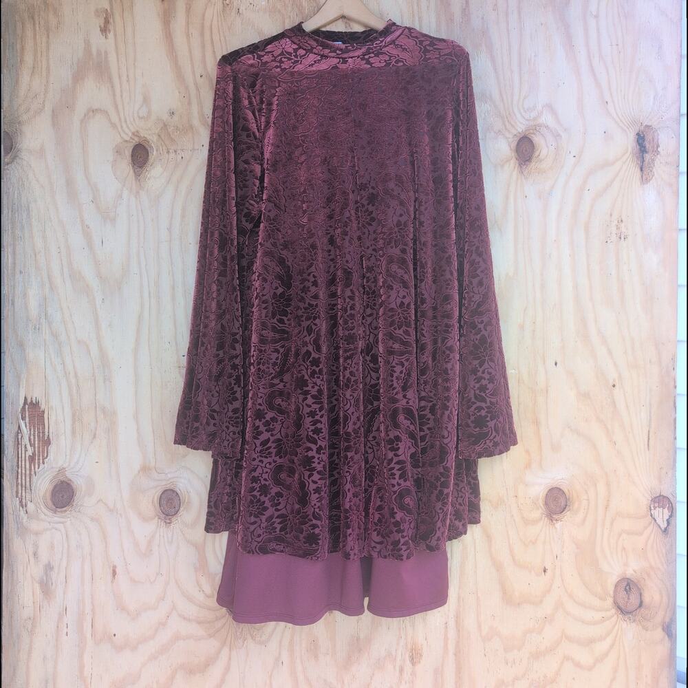 Velvet Burnout Moody Vampy Bell Sleeve Sheath Dress Wine Women's 2X